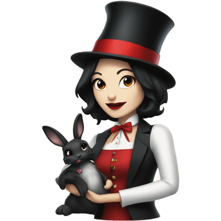 female Magician , black hair, red lipstick, pulling rabbit out of hat emoji