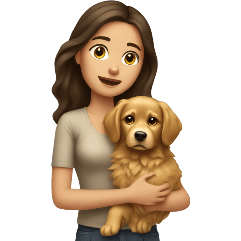 brunette girl holding golden retriever  emoji