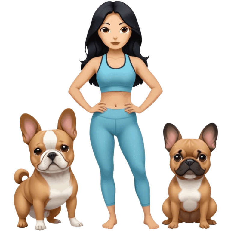 latin woman in a yoga outfit with long black hair standing alongside two French bulldogs  emoji