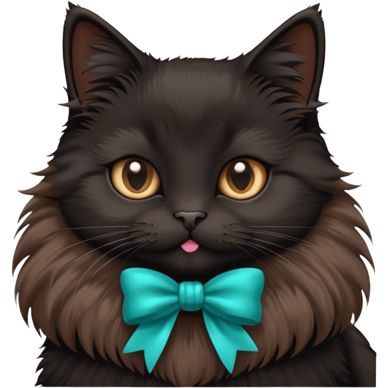 A black fluffy cat, wearing a teal bow emoji