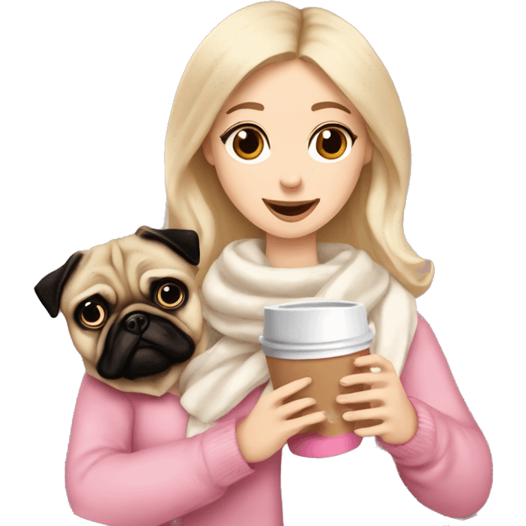 Blonde girl with white scarf pink jumper cup of hot chocolate, marshmallows a flake and cream. With a pug brown dog emoji