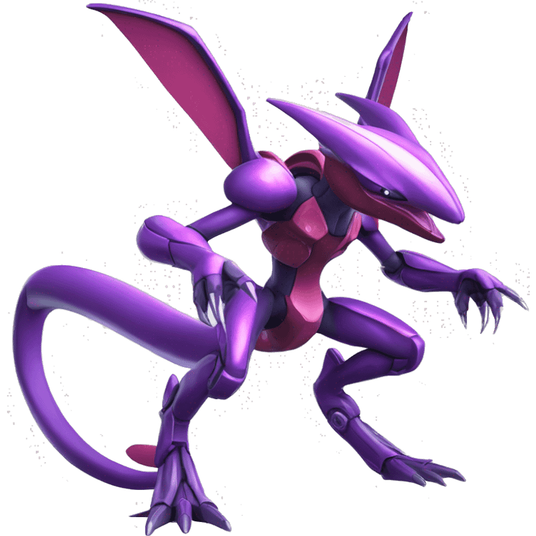 a shiny purple Genesect-Flygon-Raptor-Fakémon—hybrid with a futuristic visor-helmet full body emoji