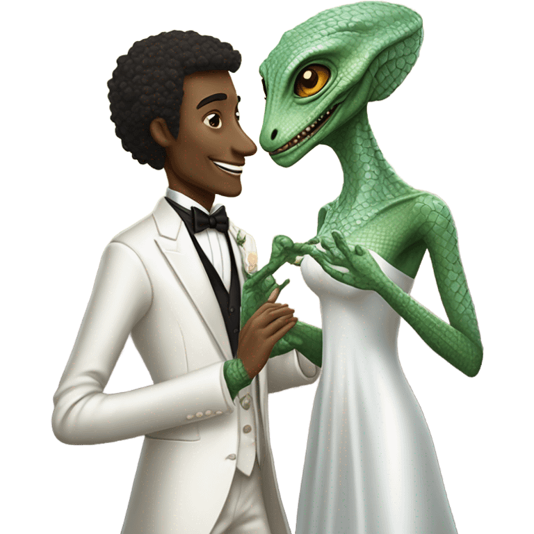 Alien reprilian woman in wedding dress and one humman man in a tuxedo holding hands getting married emoji