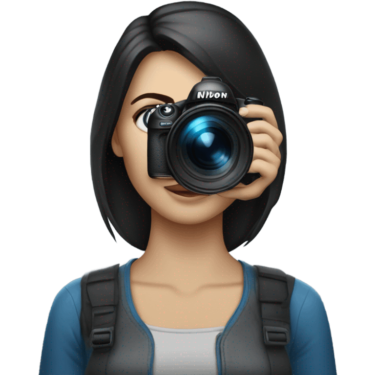 Portrait of woman with blue eyes and dark hair holding a nikon camera emoji