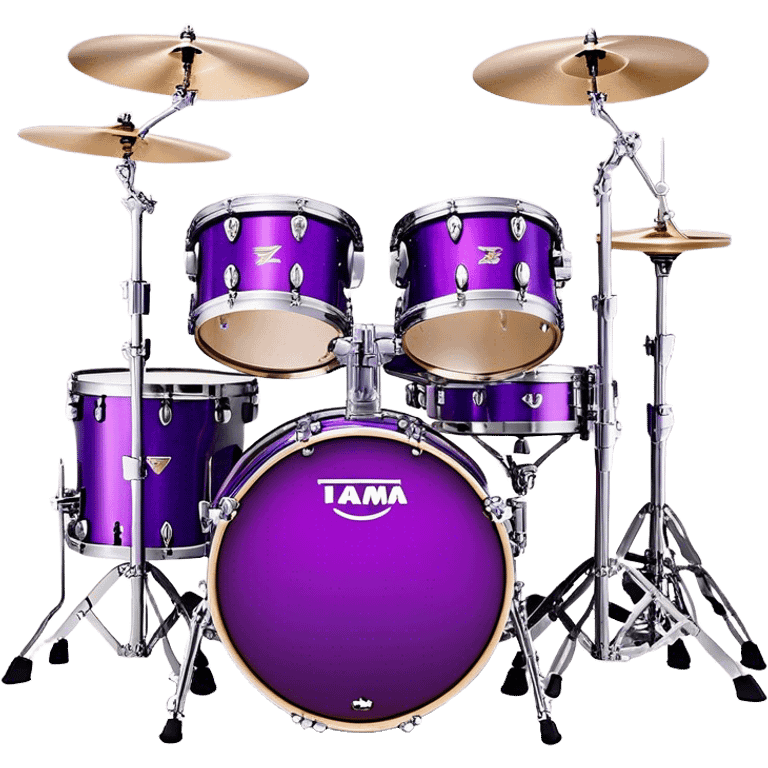  "Create a vibrant and detailed emoji representing Lars Ulrich's Tama Starclassic drum kit. The design should feature a sleek, glossy purple drum kit with glittering accents, including two large bass drums positioned side by side. The snare drum, toms, and cymbals should be clearly visible, with a high-shine finish that reflects the light. Add subtle musical notes around the kit to evoke rhythm and energy. Use a color palette of deep purple, black, silver, and sparkling accents to emphasize the unique look of this iconic setup. The background should be transparent. emoji