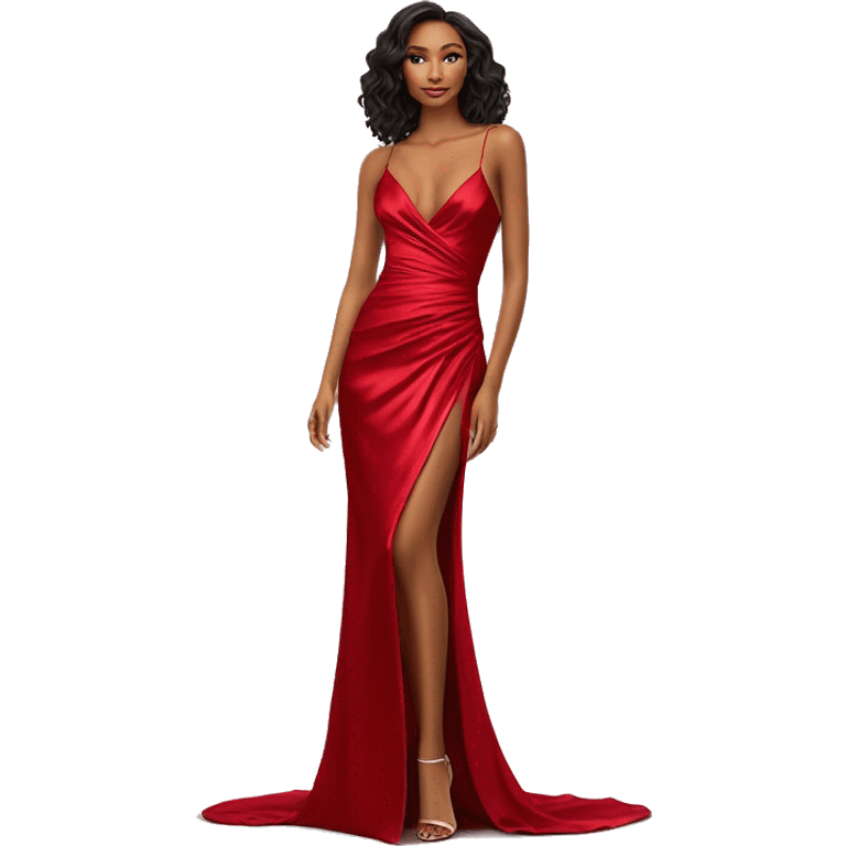 “Elegant red satin gown with spaghetti straps, a V-neck, ruched waist, and a high side slit. Smooth and shiny fabric for a glamorous look.” emoji