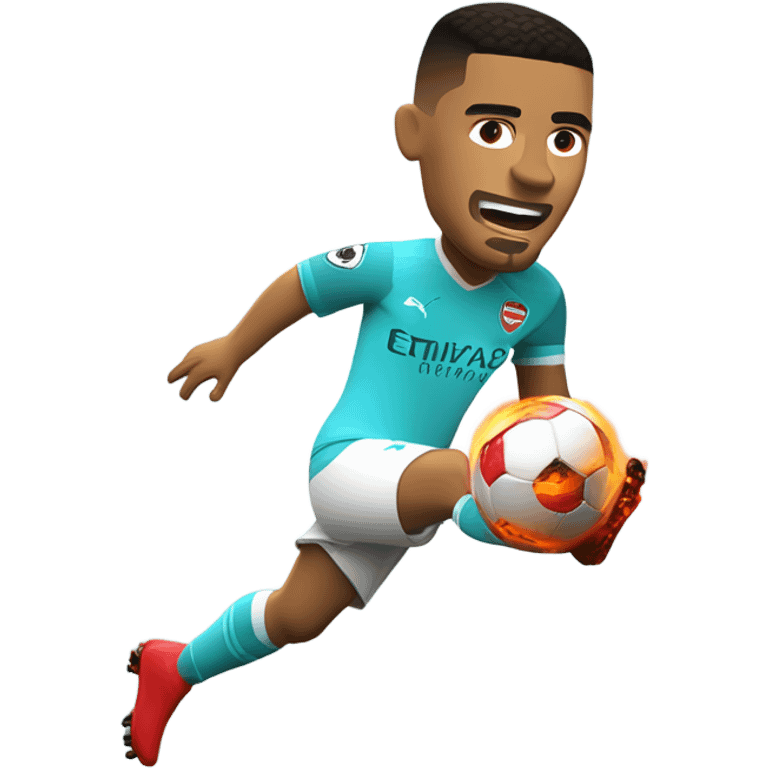 Gabriel Jesus from Arsenal with both feet on fire kicking a soccer ball into a net emoji