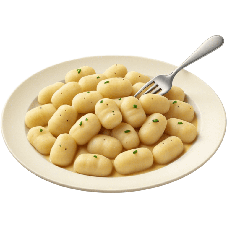 Gnocchi Cinematic Realistic Gnocchi Dish Emoji, depicted as tender oblong potato gnocchi garnished with iconic fork marks on top, rendered with soft textures and warm, inviting lighting. emoji