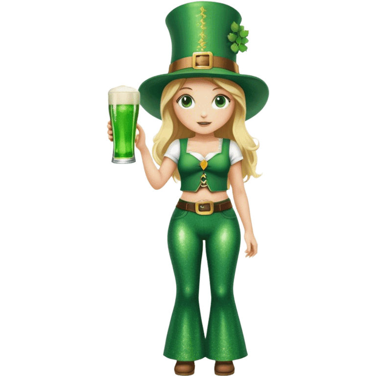 Blonde haired girl in glittery green bell bottoms and tall leprechaun hat holding a green beer emoji