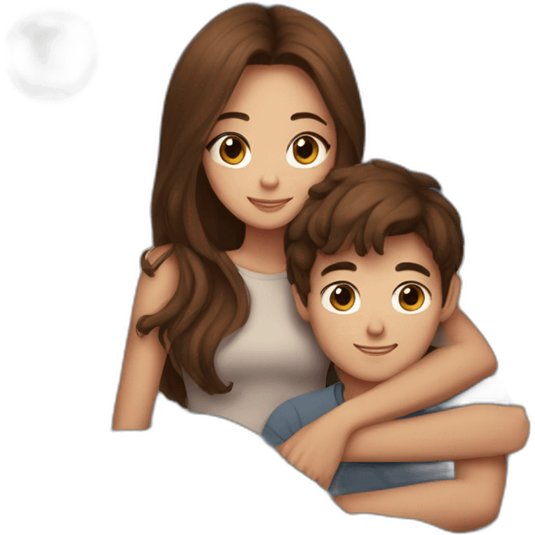 Beautiful Girl with long brown hair and boy with short brown hair cuddling at night emoji