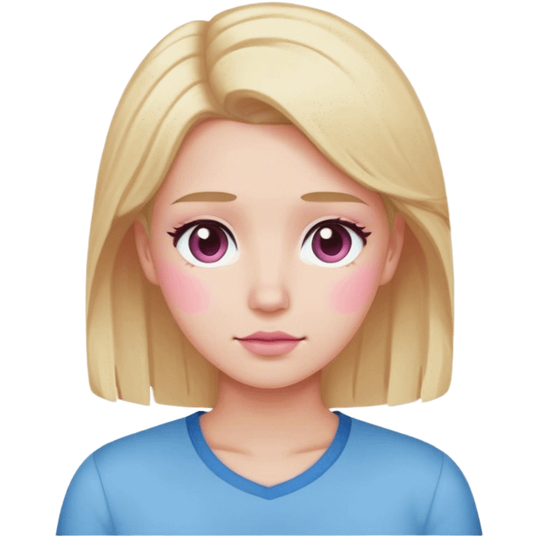 Blonde hair, brown eyes, white skin and pink blush, blue shirt emoji