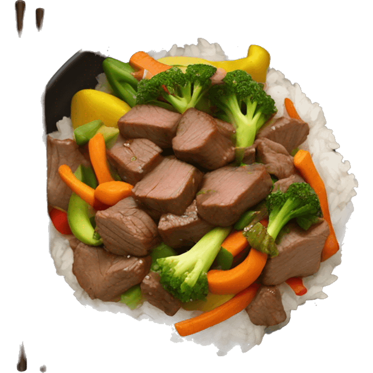 beef stir fry with vegetables and rice in a bowl emoji