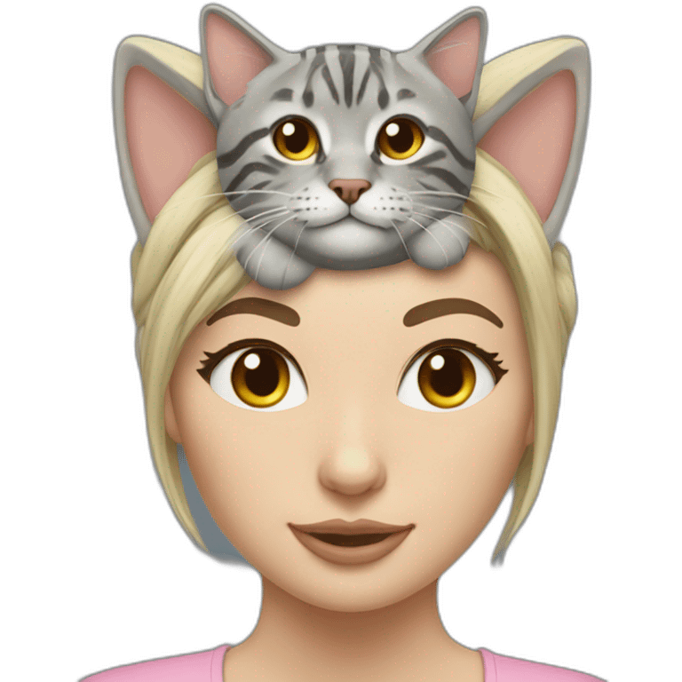 grey tabby cat on blonde woman's head emoji