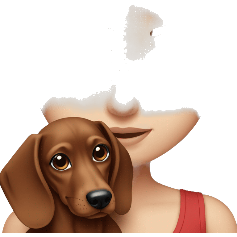 White girl with straight brown hair and blue eyes holding a red dachshund  emoji