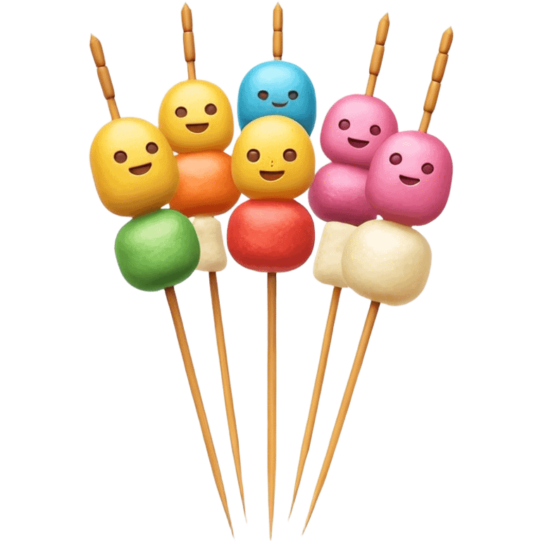 Cinematic Realistic Dango Dessert Emoji, showcasing colorful rice dumplings on skewers rendered with lifelike textures and soft, inviting lighting. emoji