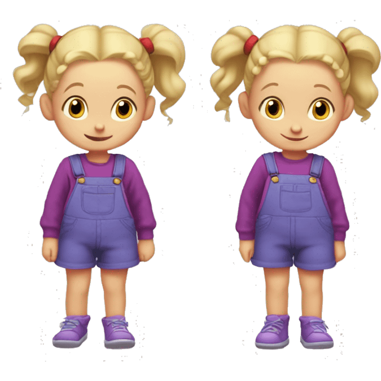 A little blonde girl with pigtails and little purple bows wearing a red long sleeved shirt and purple overalls, rugrats emoji