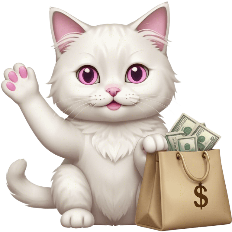 the white color ragdoll cat waves its paw and holds a bag of money emoji