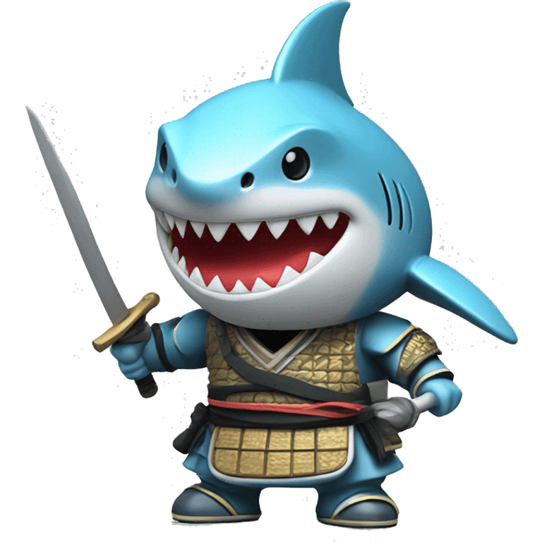 A 3D-style chrome figurine of a shark in a samurai outfit. emoji