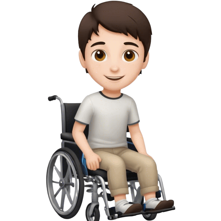 Brunette young boy with brown eyes in wheelchair smiling emoji