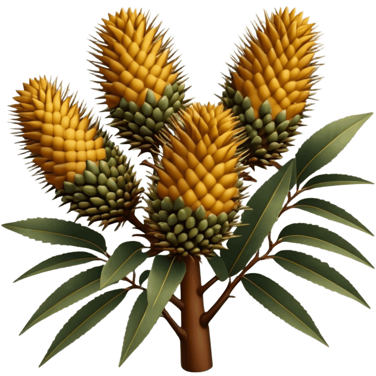 Cinematic Realistic Banksia Emoji, Bold and striking, with spiky, cylindrical flower heads covered in rich golden hues. The leaves are thick and leathery, adding a sense of strength to this unique and iconic tree. Soft glowing outline, capturing the essence of Australian ruggedness and floral beauty in a distinctive banksia tree! emoji