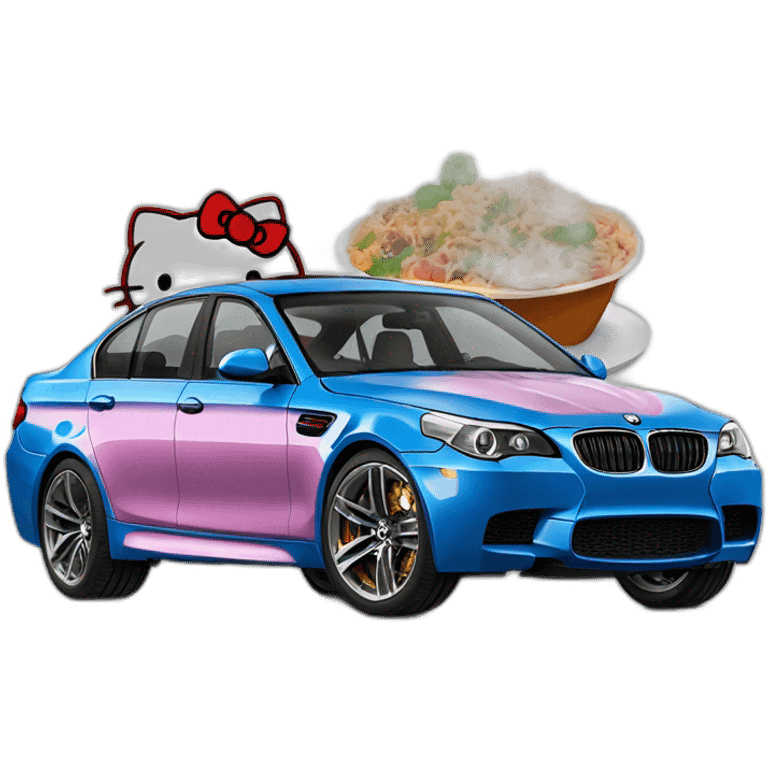 hello kitty in a bmw m5 with turkish food emoji