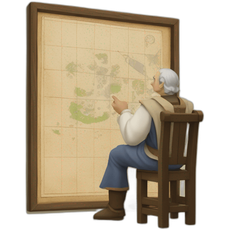 medieval architect in action, thinking over a displayed vertical map of a building emoji