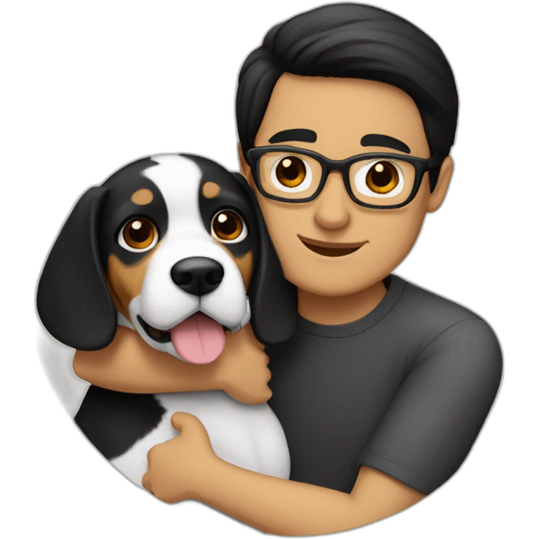 A man with black-hair and glasses hugging a beagle emoji