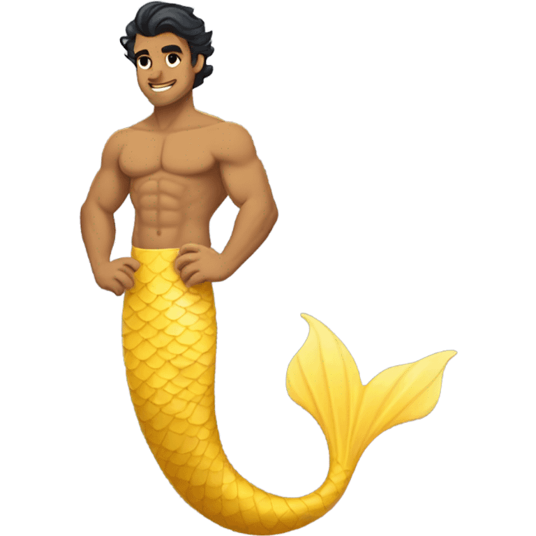 Tan muscular merman with yellow mermaid tail, dark hair and stubble  emoji