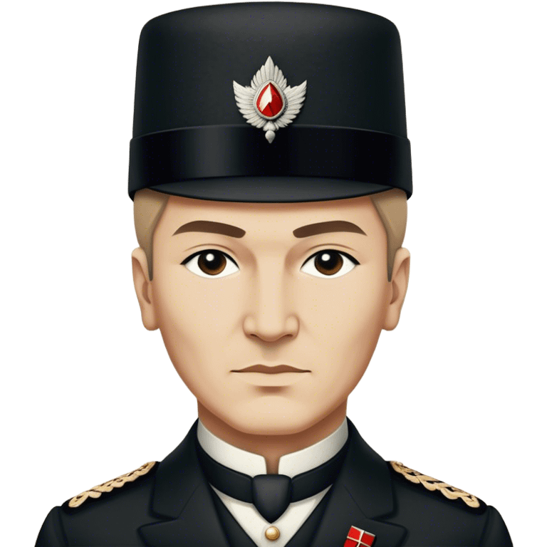 ​Cinematic Realistic Portrait of a Young Mustafa Kemal Atatürk, depicted in his iconic tall black hat and traditional attire with a confident, visionary expression, rendered with rich historical textures and warm, inspiring lighting that captures his youthful dynamism and transformative leadership, emoji