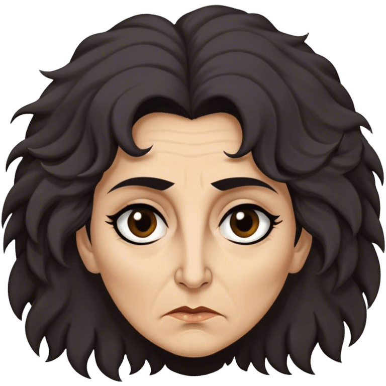 Mirri Maz Duur is a weathered, age 50 woman with deep-set dark eyes, high cheekbones, and a sharp nose, giving her a stern, knowing expression. Her long, unkempt dark frizzy hair  falls loosely over her shoulders emoji