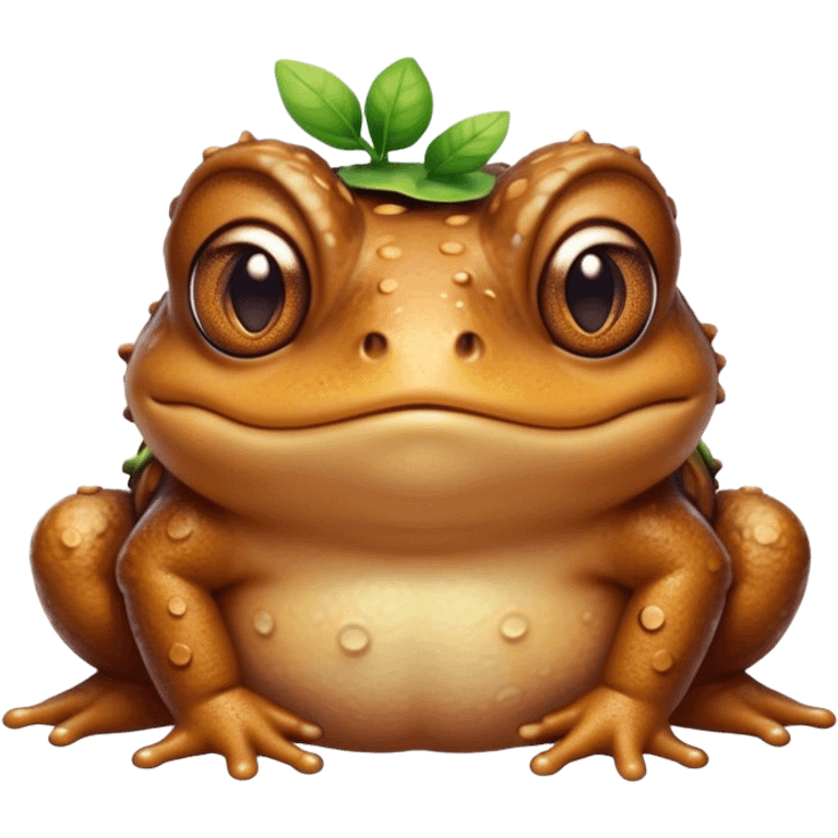 Cinematic Cute Toad Portrait Emoji, Head tilted playfully and inquisitively, featuring a charmingly plump form with bumpy, textured skin in rich earthy hues and round, sparkling eyes full of gentle mischief, Simplified yet irresistibly adorable features, highly detailed, glowing with a warm, friendly woodland glow, high shine, affectionate and lively, stylized with a touch of whimsical nature charm, soft glowing outline, capturing the essence of a mischievous yet loving toad that seems as if it could hop out of the screen into your arms! emoji