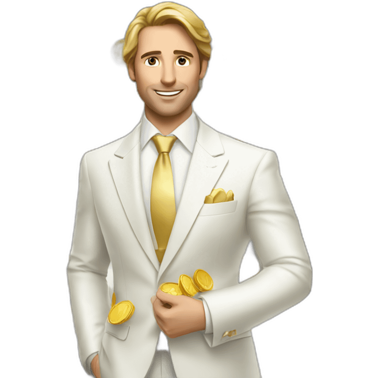 Posh-man-with-white-suit-holding-golden-coins emoji