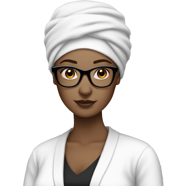 White-skinned woman with black square glasses, white clothes and white turban emoji