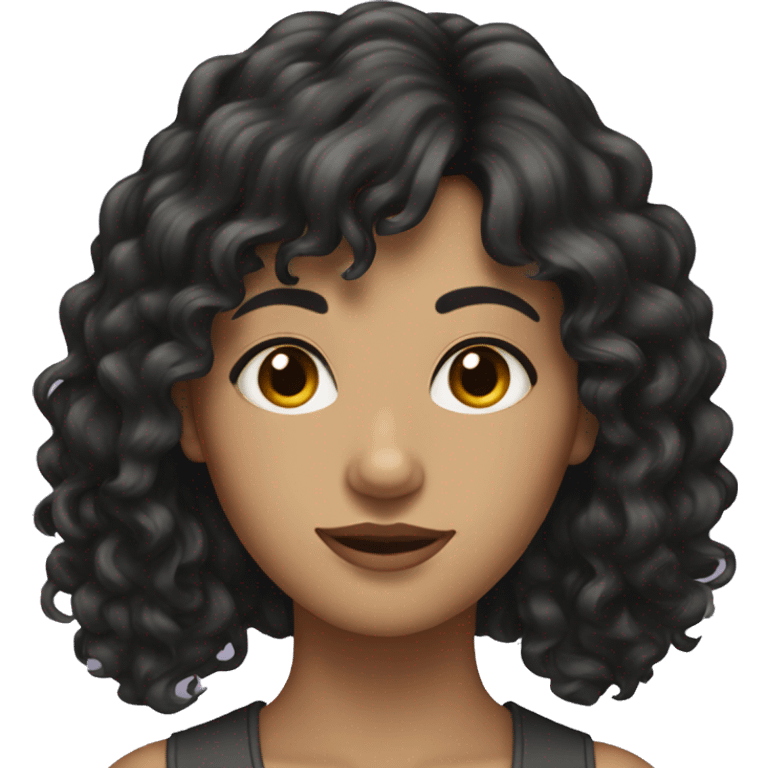 woman with long black curly hair and bangs and dark brown eyes emoji