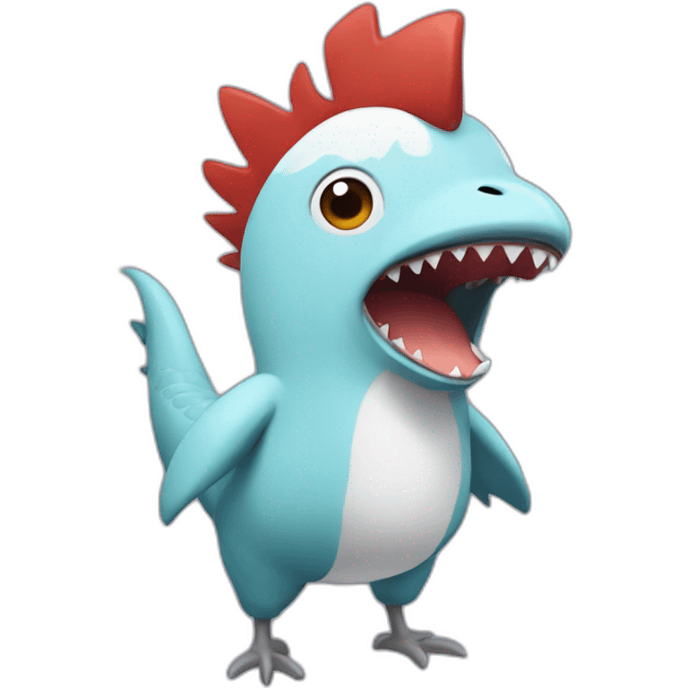 rooster wearing a onesie with a shark-head emoji