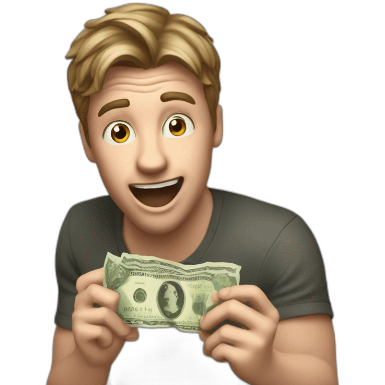 White guy with dark blond hair holding a euro bill in his hands acting surprised emoji