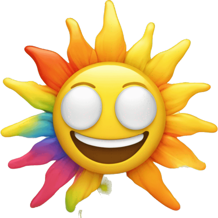 Illustrate a smiling sun with rainbow rays, rising above a vibrant beach scene." emoji