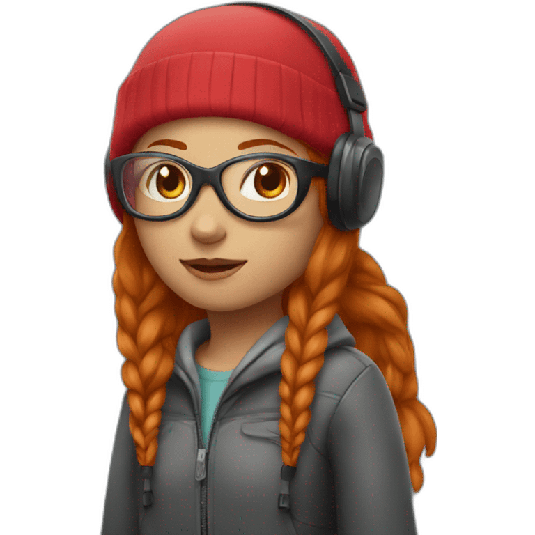 Girl with ginger hair wearing red beanie goggles and headphone emoji