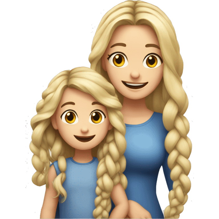 An emoji of a blonde mother with long hair, standing next to her 3-year-old daughter with black braided hair, both smiling emoji