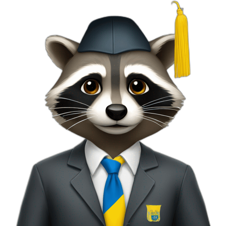 A raccoon student in a suit in the color of the Ukrainian flag in a square academic cap emoji