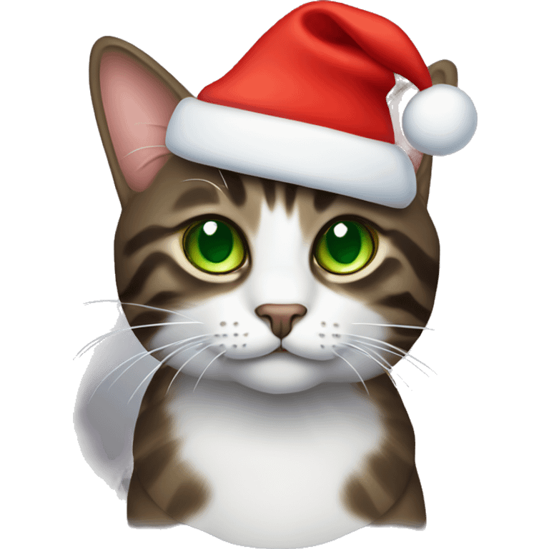 Dark brown tabby cat with green eyes wearing red Christmas hat emoji