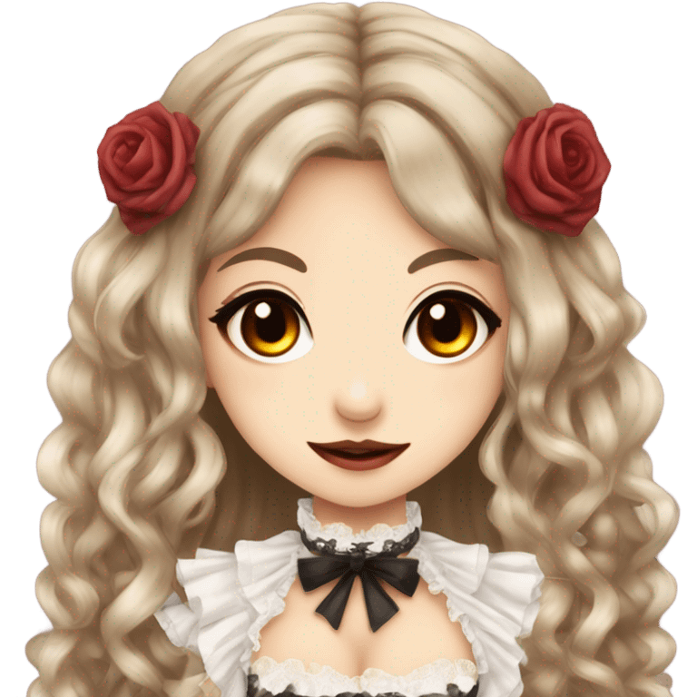 hime gyaru girl, victorian dress, brown hair, red eyes, vampire fangs emoji