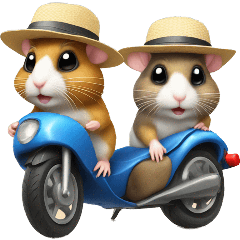 Two hamsters wearing swim shorts and sun hats driving by motorbike on the beach emoji