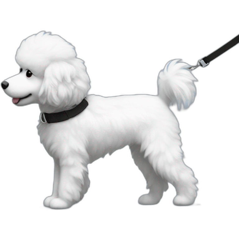 side profile medium sized fluffy black and white doodle on a leash going for a walk emoji