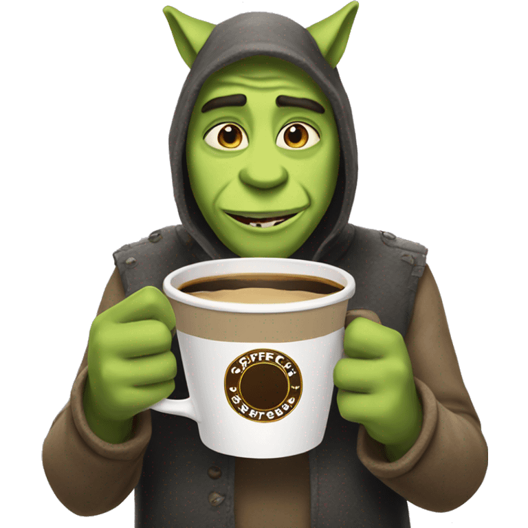 Shreck holding a coffee with cat ears emoji