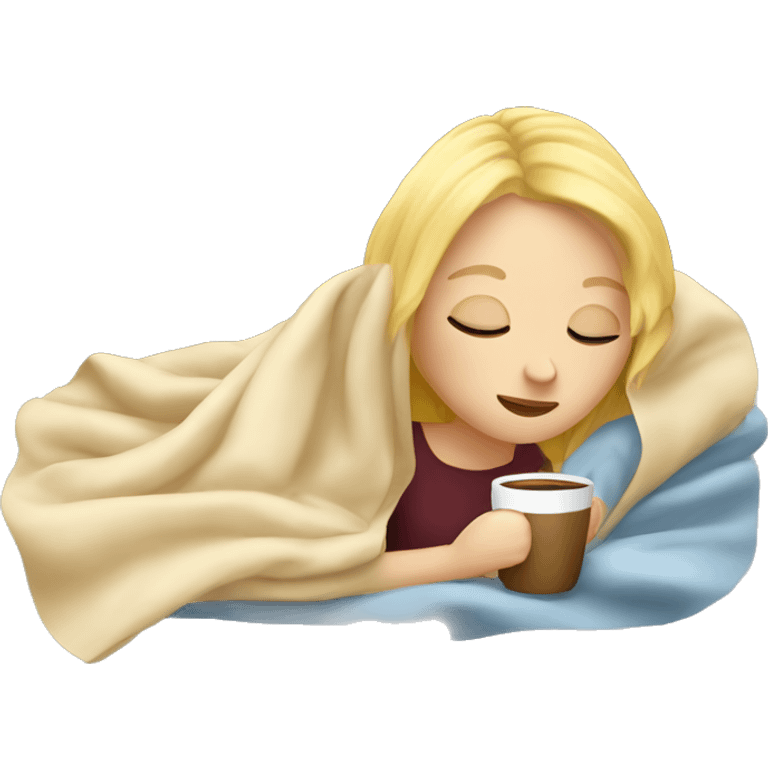 Blonde girl inside a blanket sipping coffee eyes closed emoji