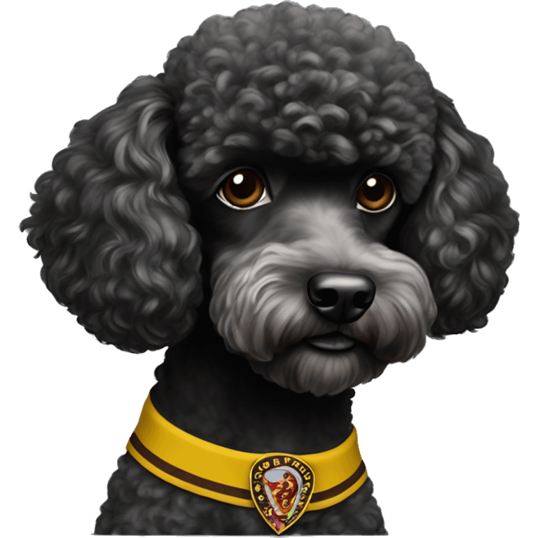 A black miniature poodle with a shaved face and a black collar with gold Versace emblems on it wearing an Arizona state #4 football jersey  emoji