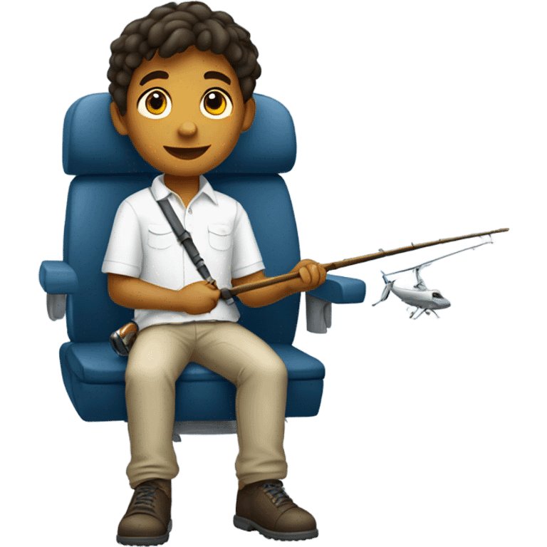 boy in white shirt on a plane with a fishing rod emoji