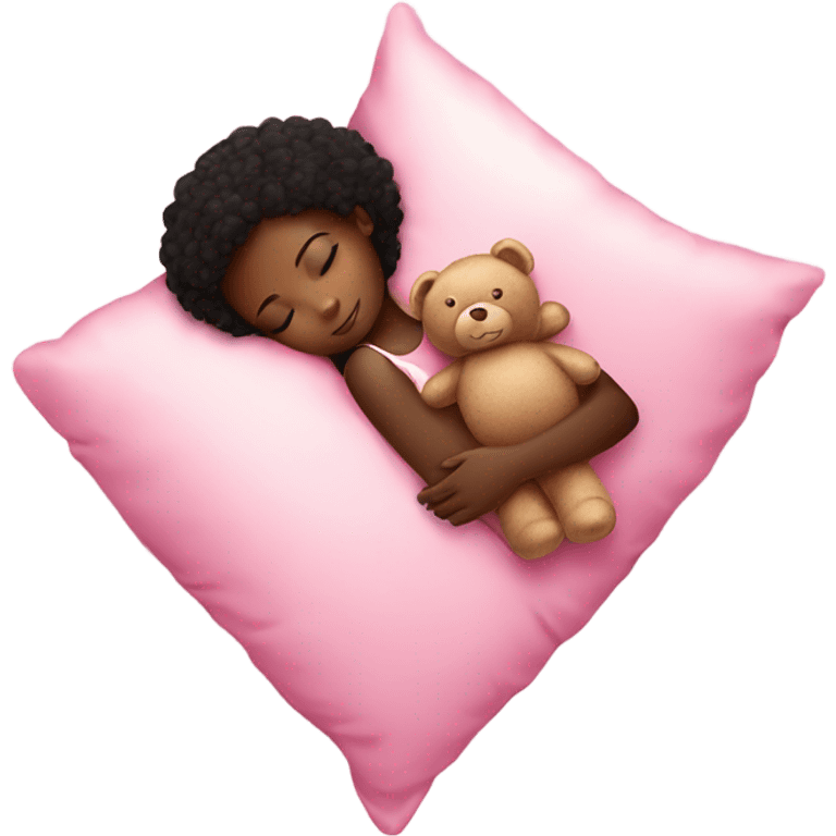 black girl sleeping on pink pillow with teddy bear in arms emoji