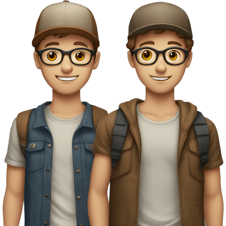 couple of teenagers, brothers with fair skin, brown hair, she with glasses, he with a cap emoji